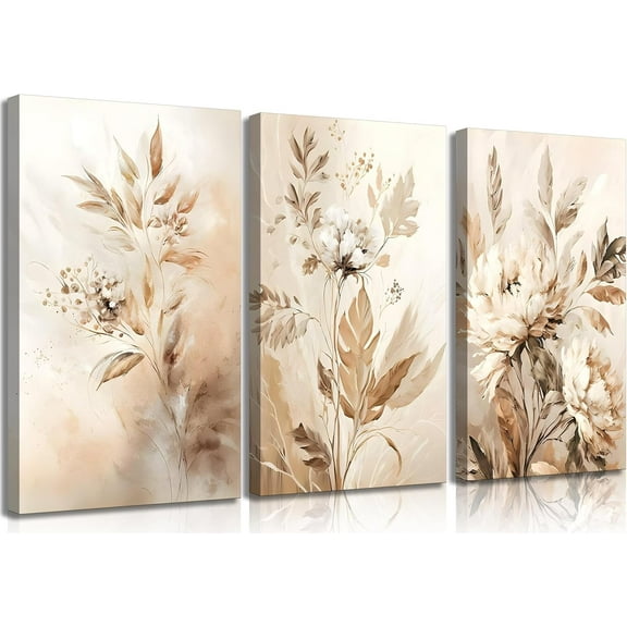 3 Pcs Beige Neutral Flower Canvas Wall Art Wildflowers Floral Botanical Painting Picture Wall Decor Poster Print Artwork for Bedroom Living Room Home Decoration