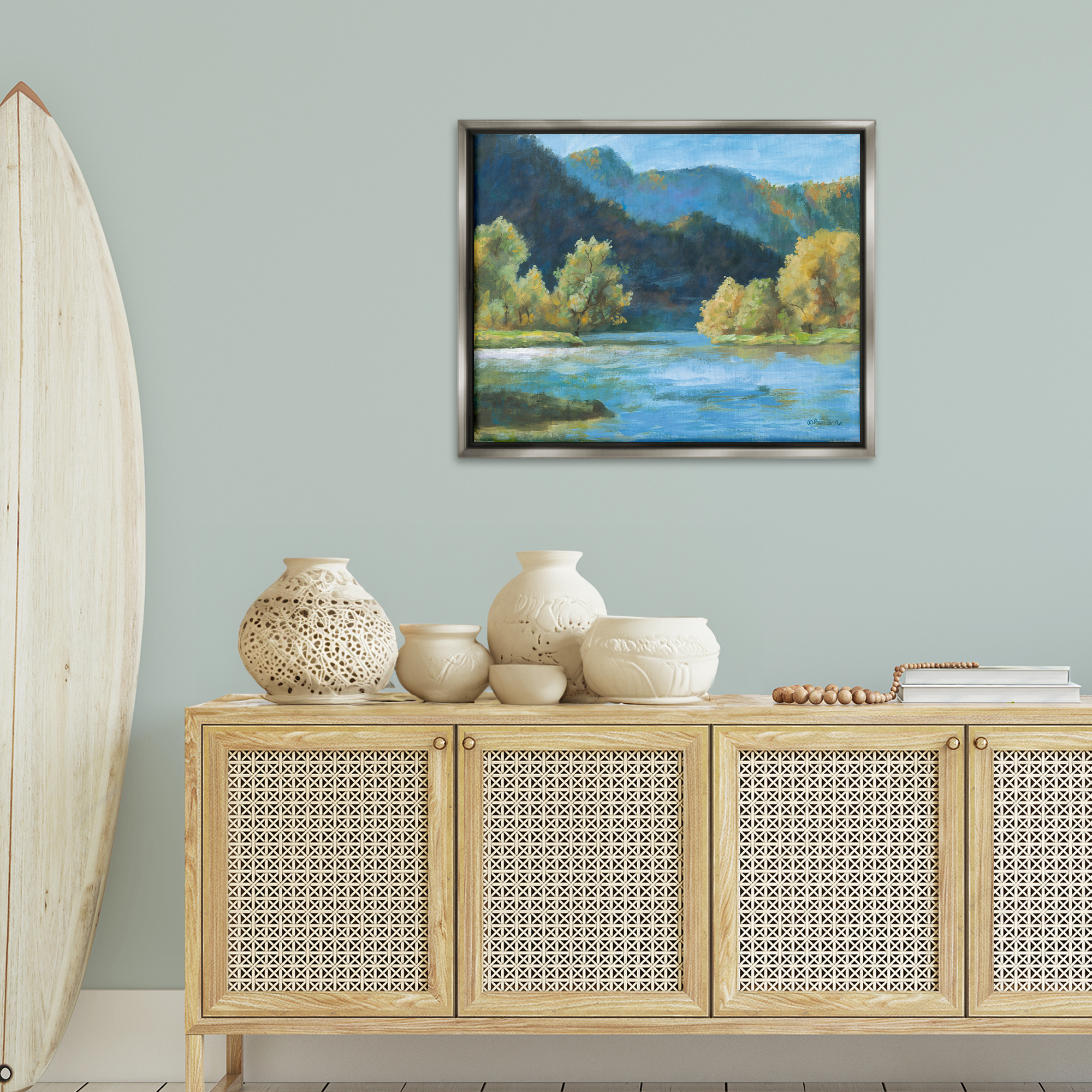 Stupell Industries Blue Hued Mountains Landscape & Nature Painting Gray Floater Framed Canvas Art Print Wall Art, 31 x 25