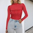 thumbnail image 2 of Arlun Sparkly Sequin Mesh Splicing Neck Tops for Women Long Sleeve Sheer See Through T-Shirts Lightweight Soft Comfy Fashion Solid Color Carnival Festival Outfits Red XL, 2 of 5