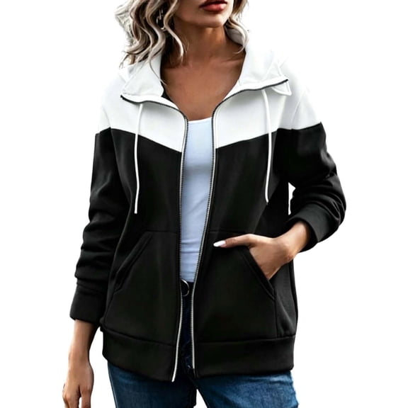 GigrtiJin Womens Color Block Jacket Long Sleeve Collared Jacket Fall Trendy Casual Baggy Zip up Jacket with Pockets