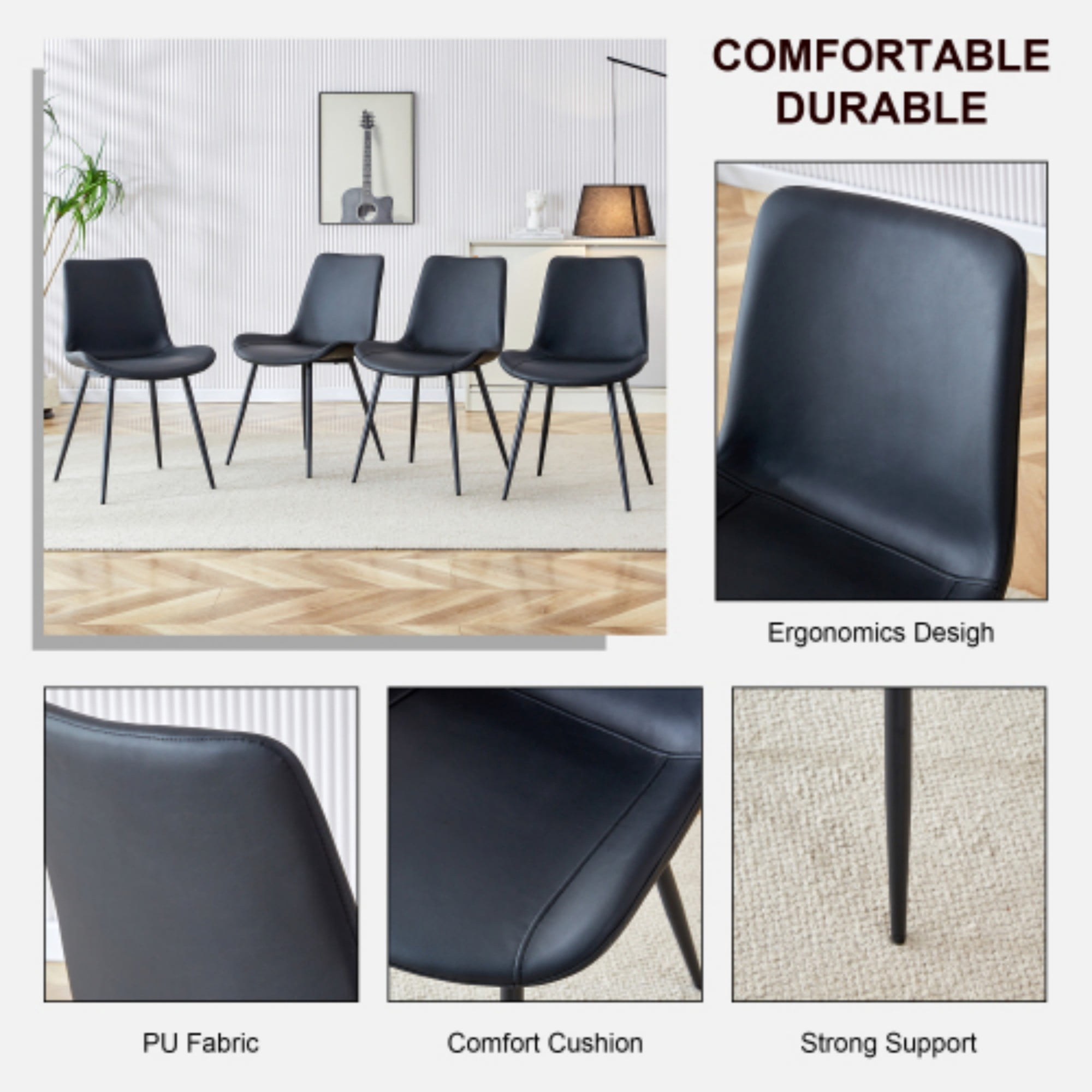 SUDICA Black Faux Leather Dining Chairs Set of 6 with Metal Legs and Wide Seats for Home