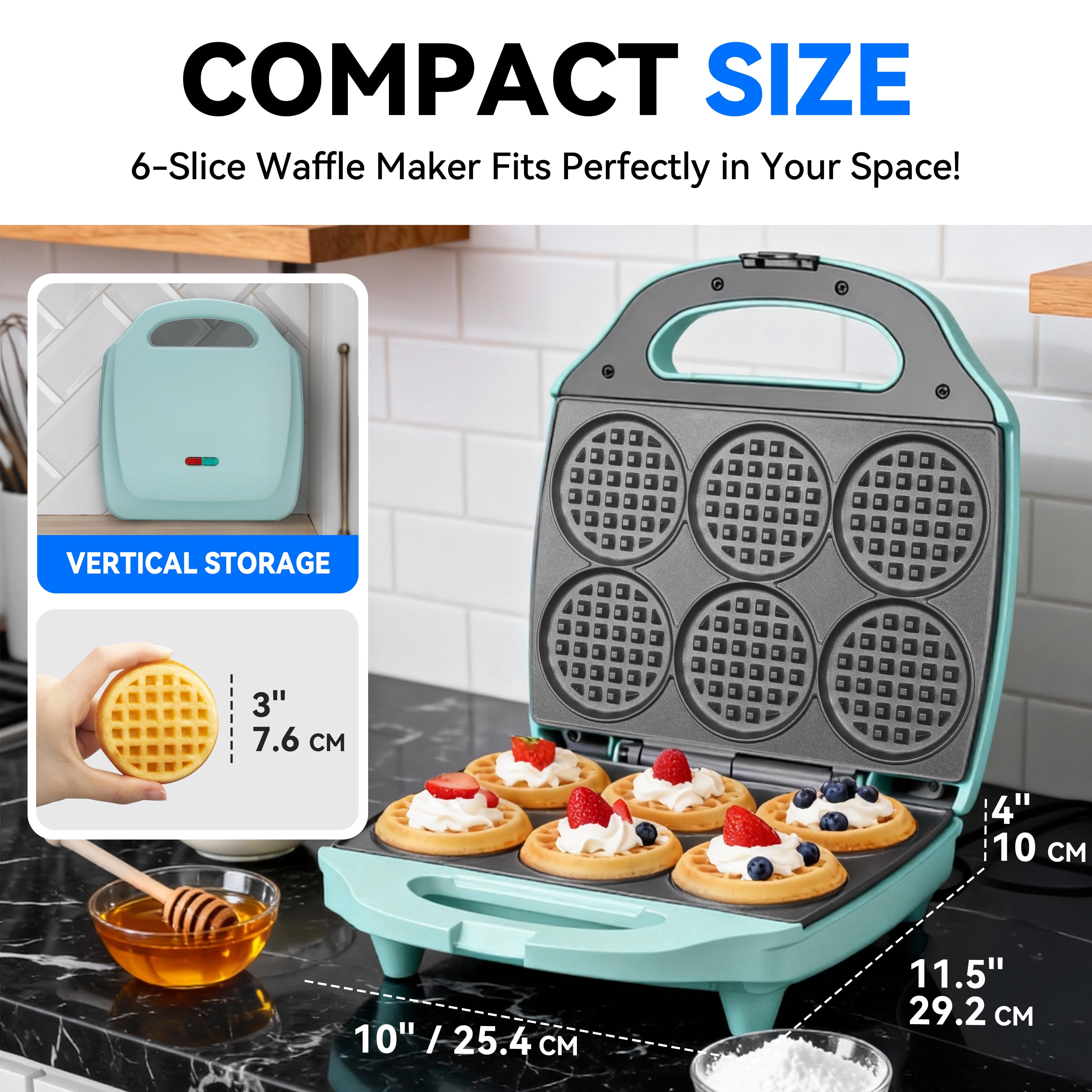 Mailand 6 x 3'' Multi Mini Waffle Maker Machine, Small Waffle Bites Iron, Non-stick, Aqua