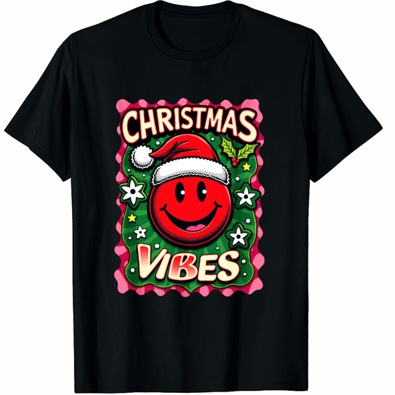 Groovy Christmas Vibes Smile Face Santa Hat Xmas T-Shirt for Men and Women