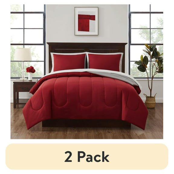 (2 pack) Mainstays 7 Piece Reversible Bed in a Bag Comforter Set with Sheets, Red, Queen