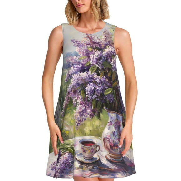 Fotbe Lilacs Teapot Scenic Painting Vestido de Verano sin Mangas para Mujer – Vestido Midi Línea A, Estilo Camiseta Floral, Vestido Playero Casual y Fluido