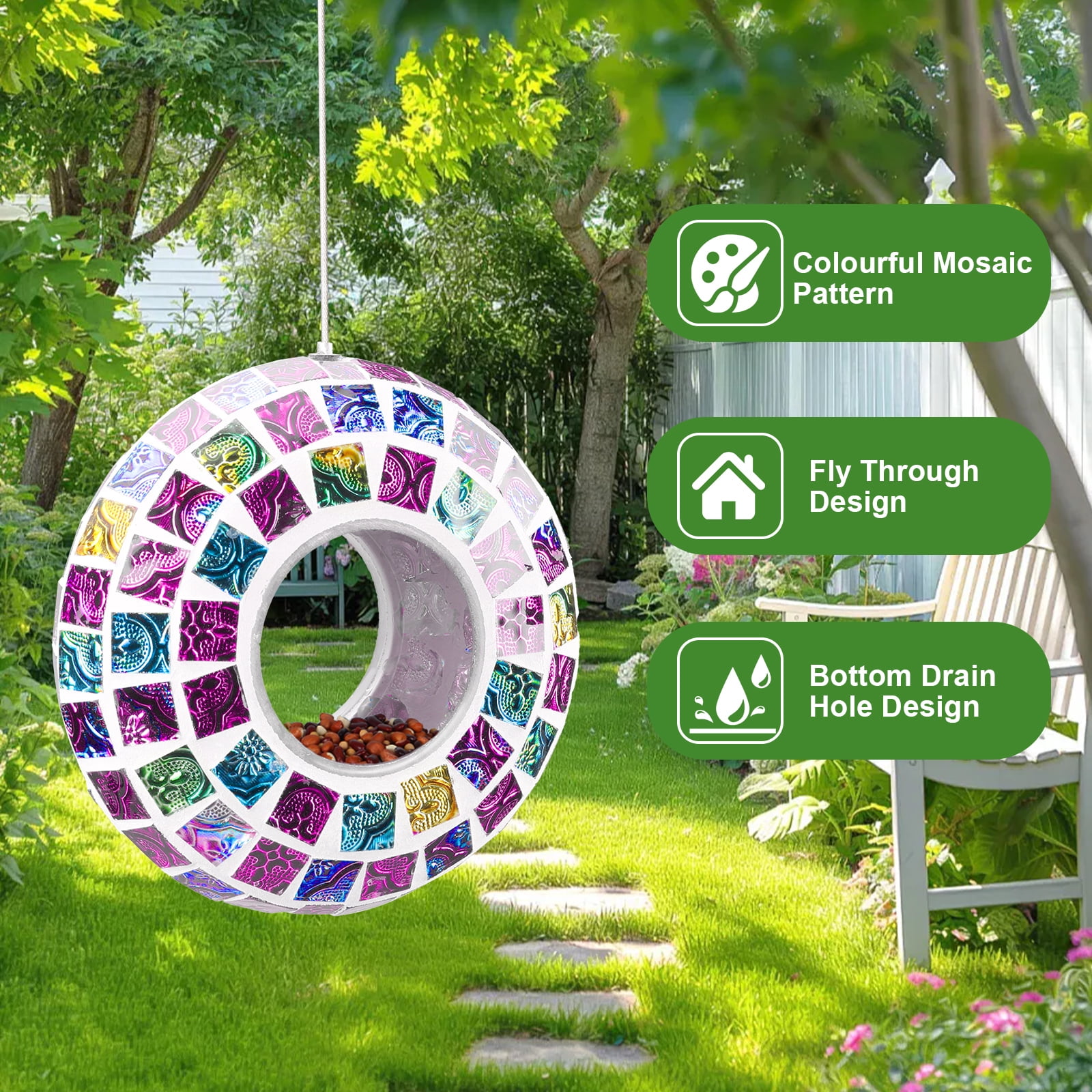 Mosaic Fly-Through Bird Feeder – Colorful Circular Hanging Feeder,Outdoor Bird Feeder,Decorative Outdoor Accent for Garden, Patio & Bird Watching