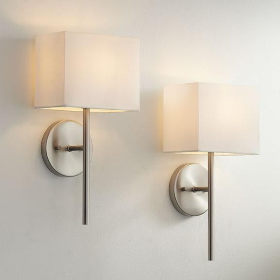 Possini Euro Design Favreau Modern Wall Light Sconces Set of 2 Brushed Nickel Hardwired 8" Fixture Rectangular Linen Shade for Bedroom