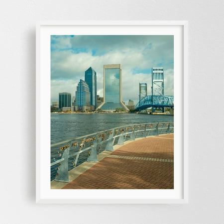 Downtown Jacksonville Skyline 02 - Jacksonville Florida Photography Skyline Cityscape Bridge Architecture Travel Poster White Framed Wall Art Print 11 x 14 inches