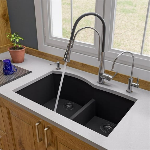 Pemberly Row Black 33" Double Bowl Undermount Granite Composite Kitchen Sink