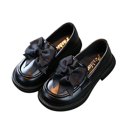 EnJoCho Toddler Little Kid Girls British Style School Bowknot Shoes Princess Performance Shoes Girls Leather Slip-On Loafers Bow Dress Shoes Black & White