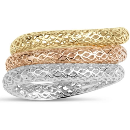 10kt Yellow, Rose and White Gold Wavy 3D Print Stacked Ring Set