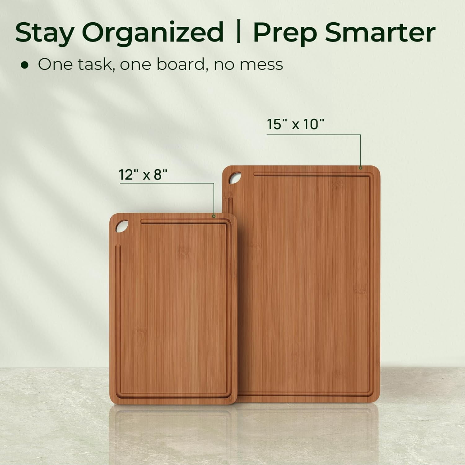 Keechee Carbonized Bamboo Cutting Board Set, 2 Piece, Brown, 15 in x 10 in and 12 in x 8 in, with Juice Groove and Built-in Handles