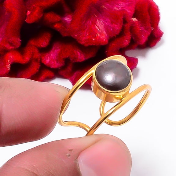 Black Fresh Water Pearl Gold Plated Handmade 925 Sterling Silver Ring s.8.5 Sku19, Black Ring, Natural Gemstone Ring