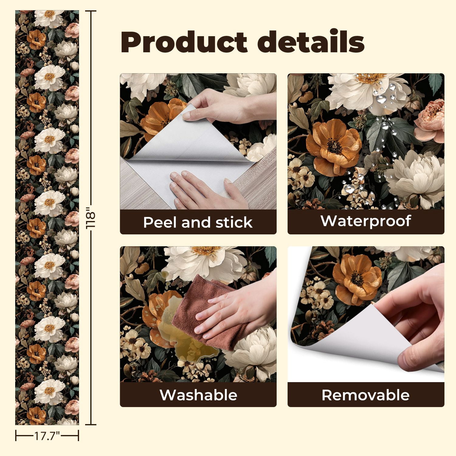 Peel and Stick Wallpaper Vintage Floral Peonies Blossoms Elegant Botanical Wall Mural 17.7in x 9.8ft Self Adhesive Removable Wall Paper Renter Friendly Wallpaper for Girls Women Bedroom Livingroom