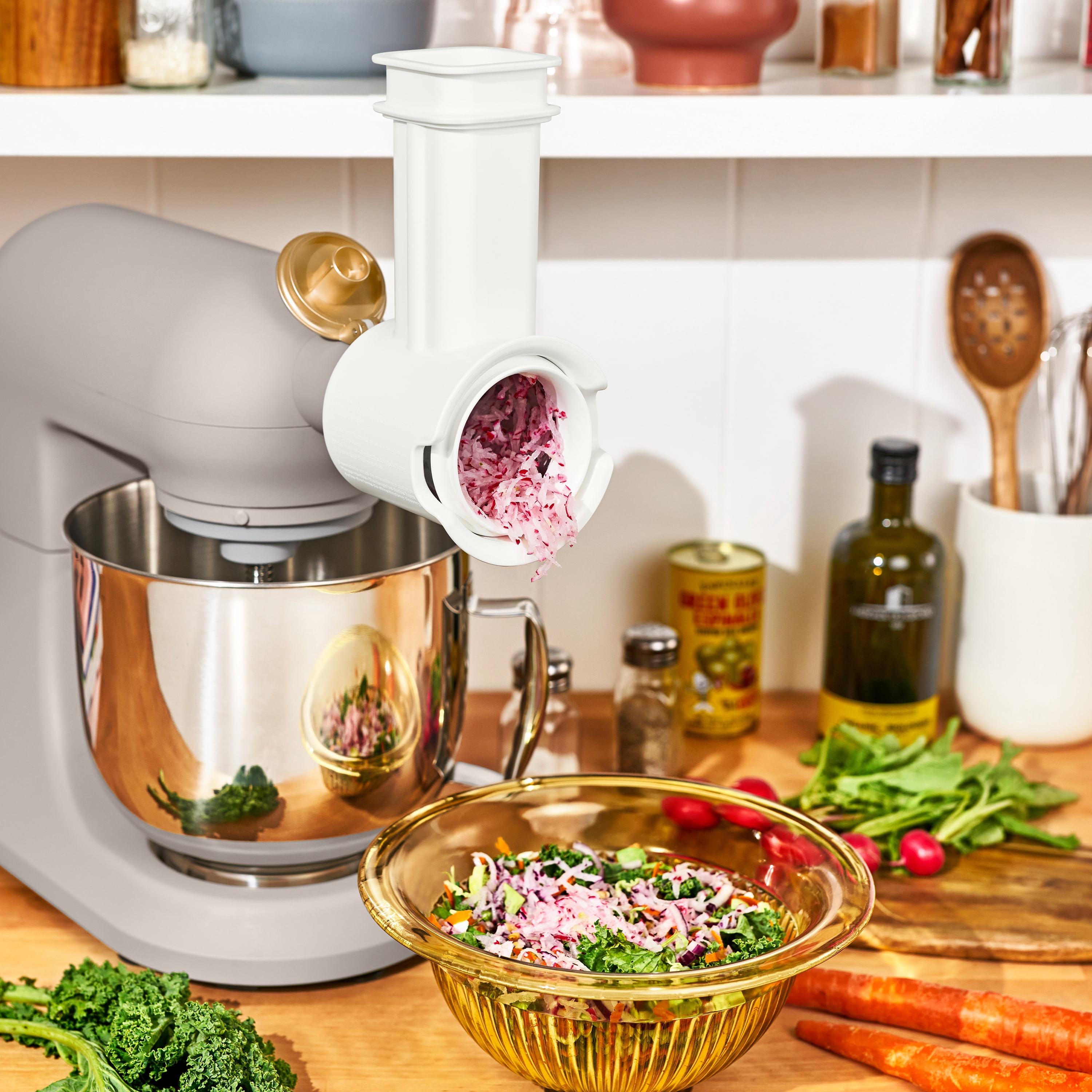Beautiful Slicer/Shredder Stand Mixer Attachment with 3 Stainless Steel Cutting Blades, by Drew Barrymore