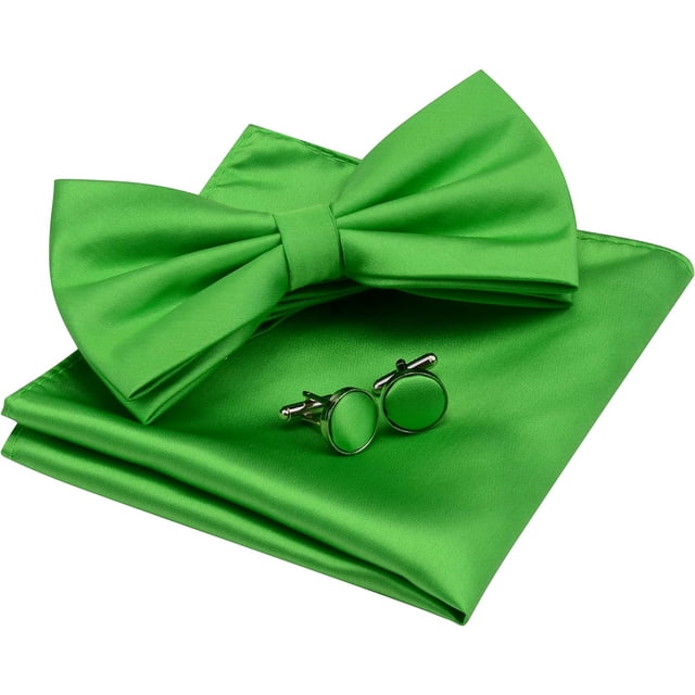 LAICAIW Mens Solid Color Double Fold Pre-tied Bow Tie and Pocket Square Cufflink Set with Gift Box