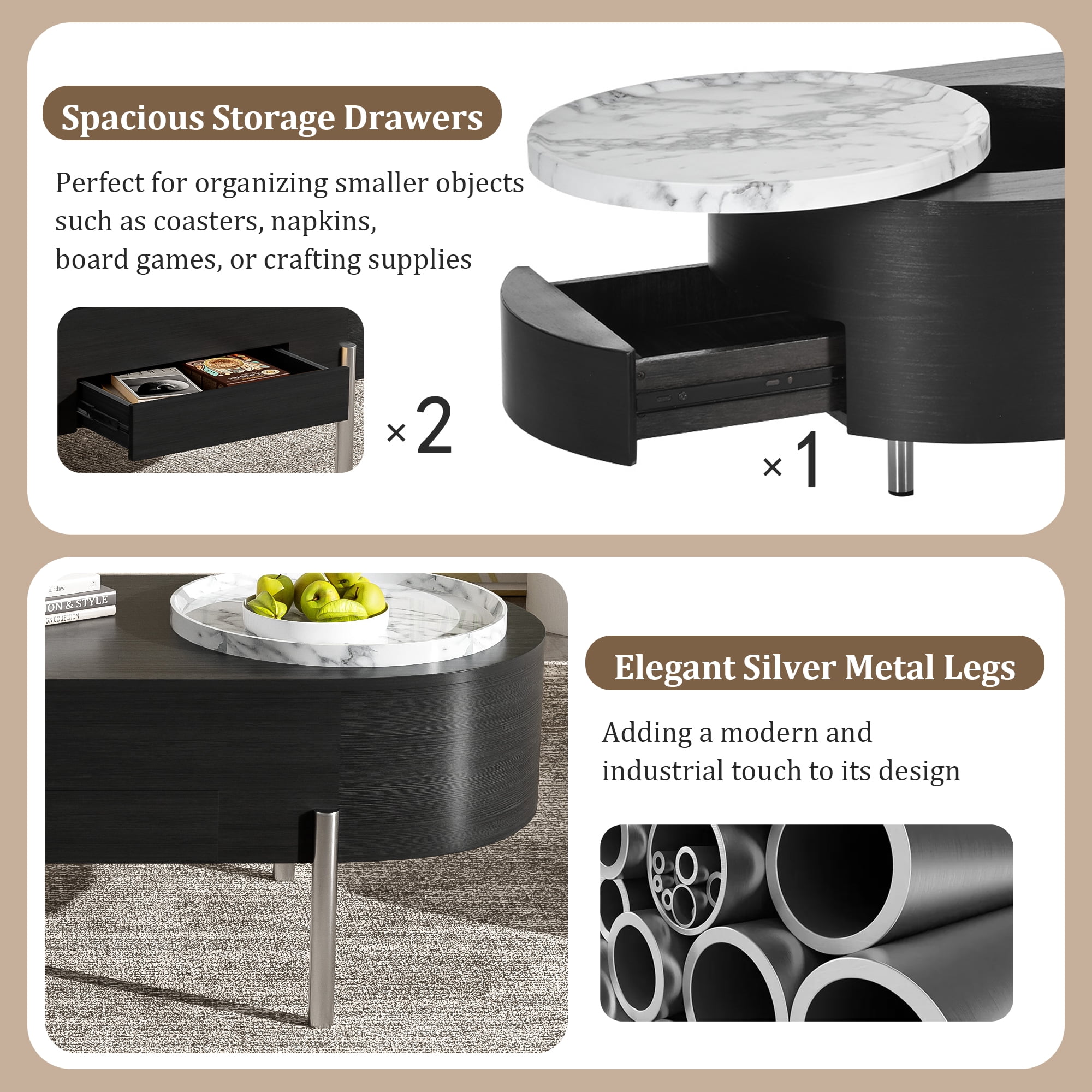 Euroco 47.2''Lift Top Coffee Table with 360-degree Marble-patterned rotating tray,Hidden Compartment, Partially Assembled Wooden Center Table, Modern Oval Lift Tabletop