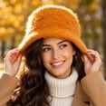 thumbnail image 4 of Bexdxz Long Pile Faux Fur Bucket Hat, Soft Fuzzy Fluffy Wide Brim Winter Fisherman Cap, Warm Outdoor Cold Weather Hat for Women Orange, 4 of 5