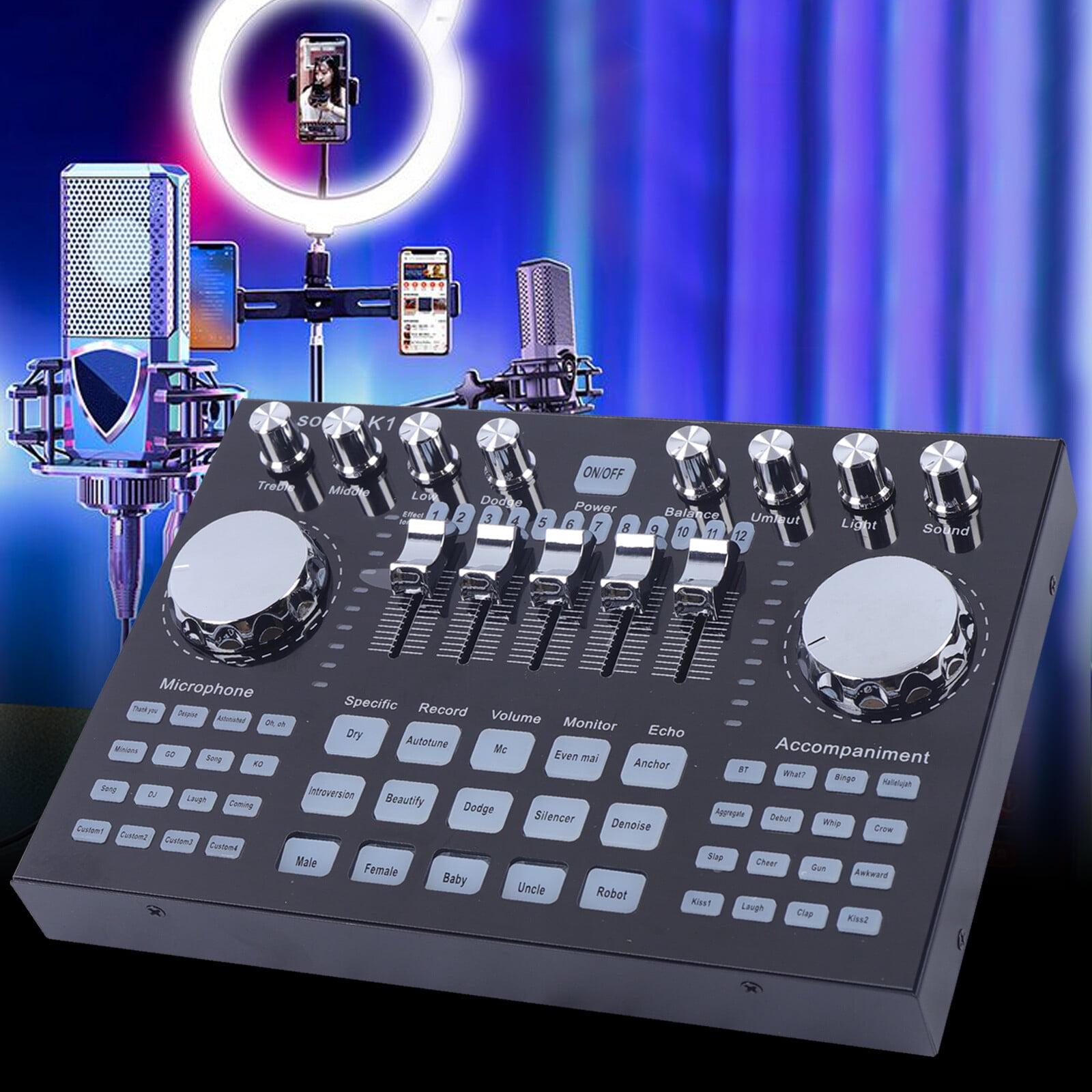 Audio Mixer Sound Board Console with 27 Sound Effects, USB Bluetooth Input for Live Karaoke, Small Concerts