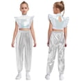 thumbnail image 5 of Haitryli Kids Girls Sparkly Metallic Hip-Hop Jazz Dance Outfit Mesh Patchwork Crop Top and Cargo Pants Set Silver 8, 5 of 6