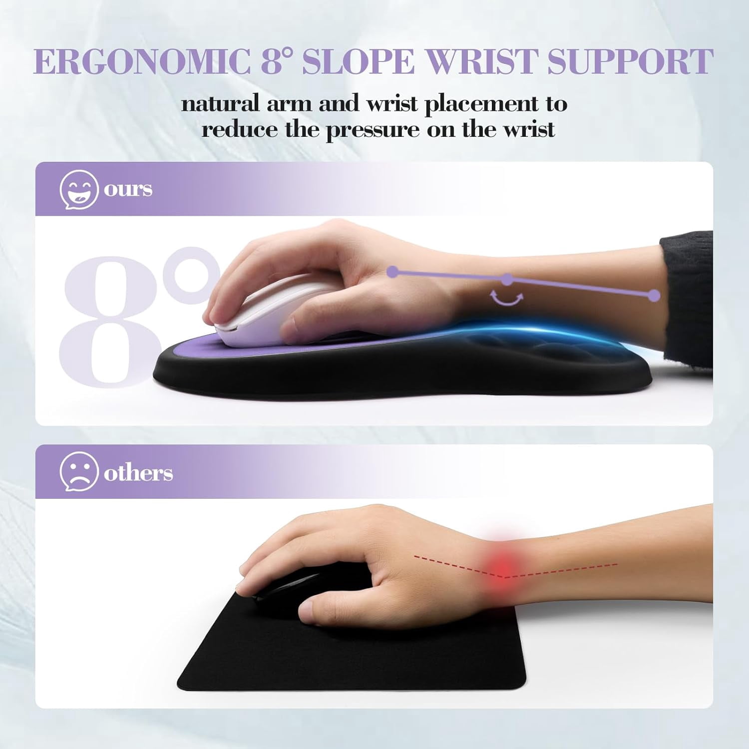 Ergonomic Mouse Pad with Wrist Support, Memory Foam Mousepad with Massage Design, Wrist Rest Mouse Pads for Carpal Tunnel Pain Relief, Non-Slip PU Base for Office Desk/Gaming (Black+Purple)