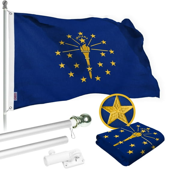 G128 Combo Pack: 6 Ft Tangle Free Spinning Flagpole (Silver) & Indiana Flag 3x5 Ft Embroidered 220GSM Spun Polyester, Brass Grommets (Flag Included) Aluminum Flag Pole