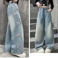 thumbnail image 5 of Leey-World Girls Pants Baggy Jeans for Girls Cute Kids Bow Embroidery Wide Leg Denim Pants High Waist Trousers Y2k Tween Clothes 7-13Y(Blue,13-14 Years), 5 of 6