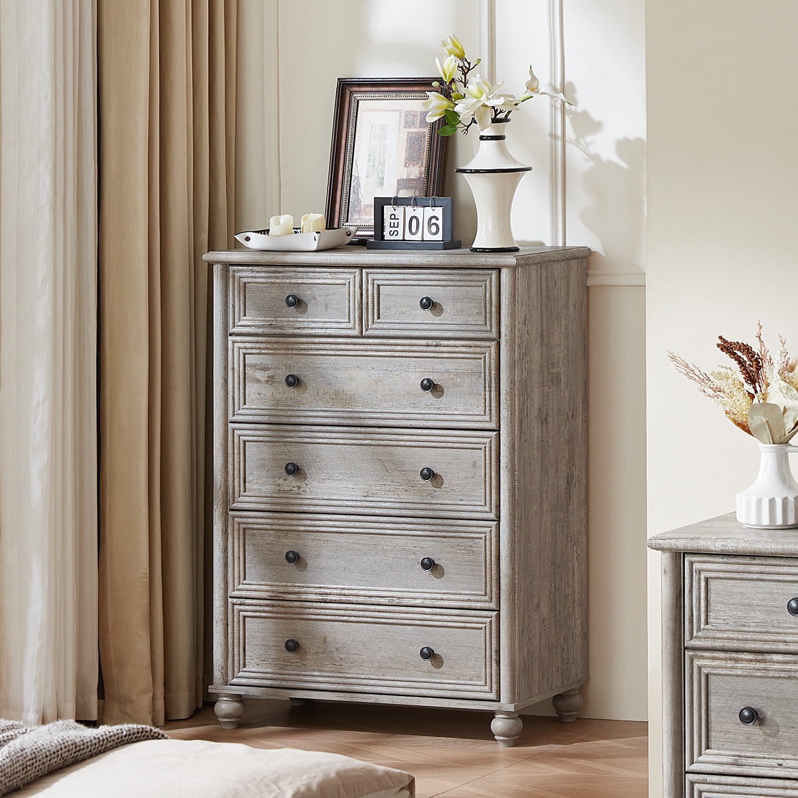 LELELINKY Farmhouse 6 Drawer Dresser, 43.5" Tall Chest of Drawers for Bedroom, Wood Storage Dressers Organizer for Living Room Hallway Closet, Grey