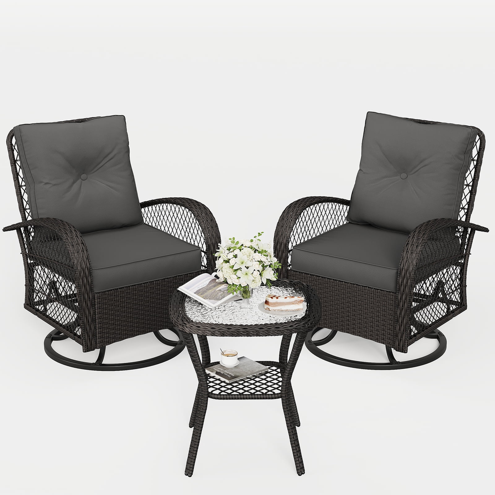 ELPOSUN 3 Pieces Patio Furniture Set, Outdoor Swivel Gliders Rocker, Wicker Patio Bistro Set with Rattan Rocking Chair, Glass Top Side Table and Thickened Cushions for Porch Deck Backyard
