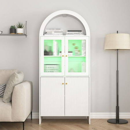 MINESTIA 69'' Tall Arched Bookcase, Fluted Storage Cabinet with Led Light and Glass Door