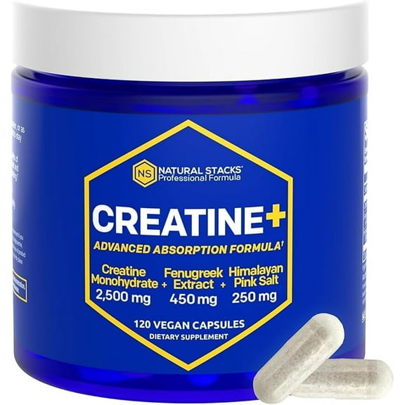 Natural Stacks Creatine Monohydrate Pills 2500mg - Maximum Absorption Formula w/ Himalayan Salt & Fenugreek | Supports Brain Health, Endurance & Muscle Building - 120 Creatine Capsules