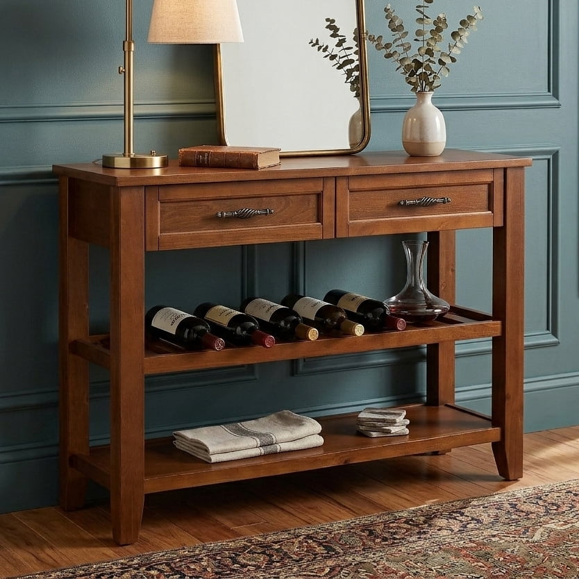 Aukfa 42" Console Table with 2 Drawers, Entryway Sofa Table for Living Room, Long Wooden Hallway Side Table,Cherry