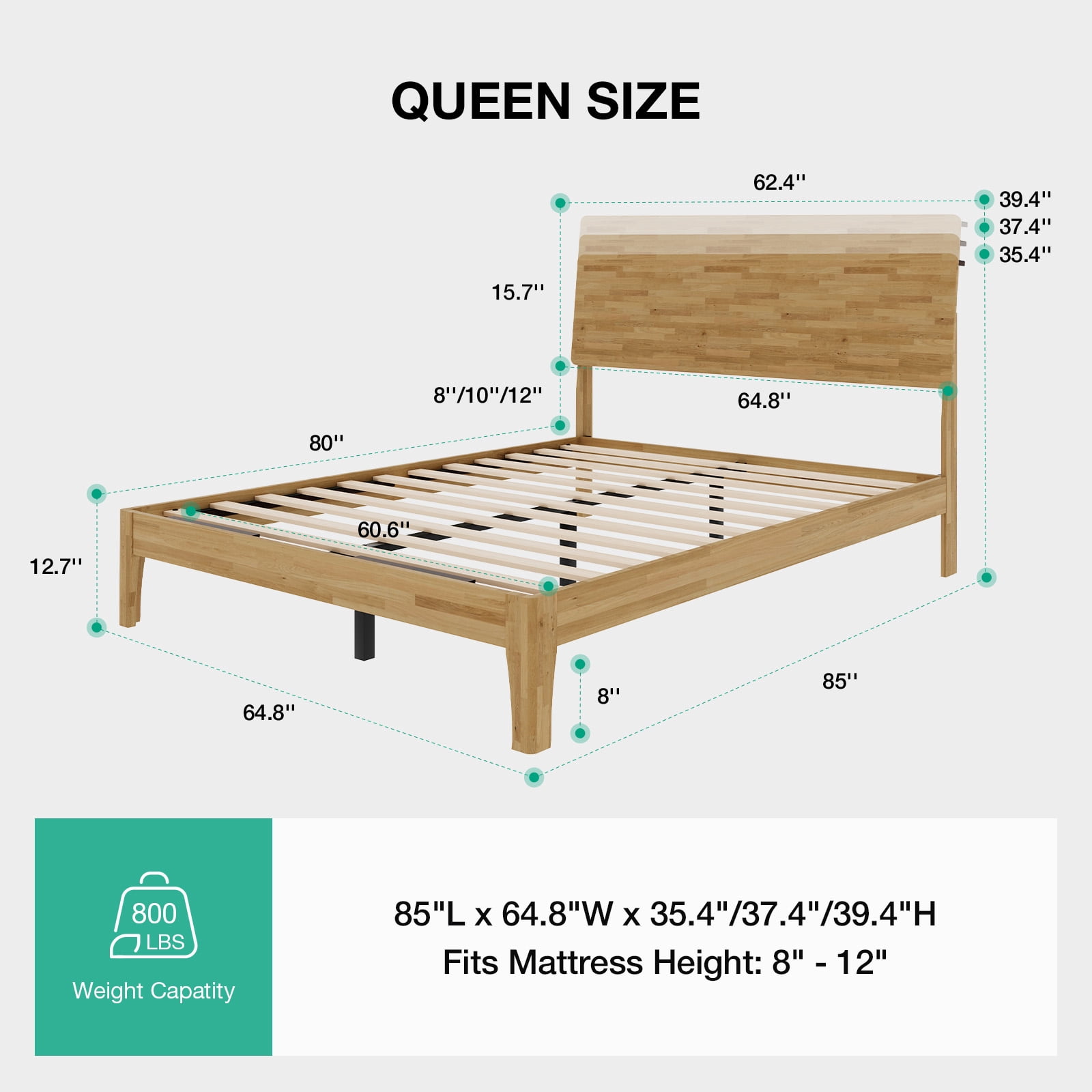 Novilla Bed Frame - Queen Size Solid Wood Platform Bed with 3-Level Adjustable Headboard, Solid Wood Slat Support, No Box Spring Needed, Nature