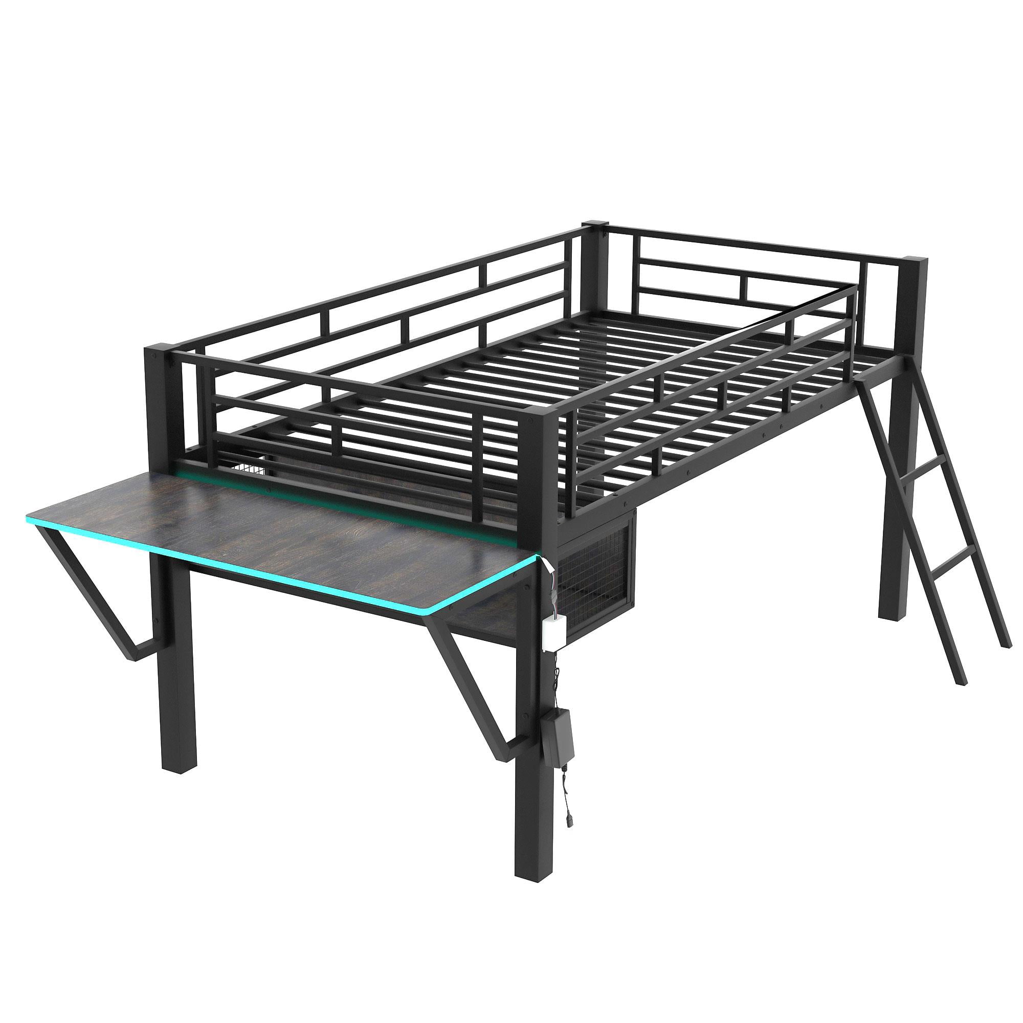 Mid-level loft playard with desk, LED light and single bed, featuring integrated TV table platform storage for furniture, toys or a play chair. Black