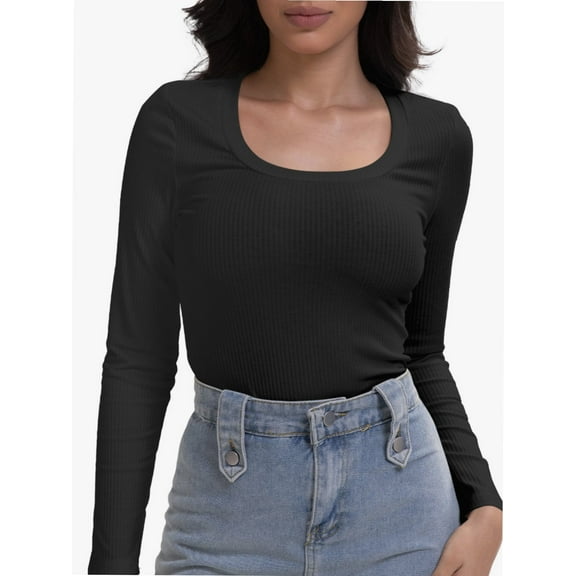 Women Long Sleeve Scoop Neck Tops Stretch Fitted Casual Tops Tee Slim Fit Fall Going Out Sexy Basic Shirts