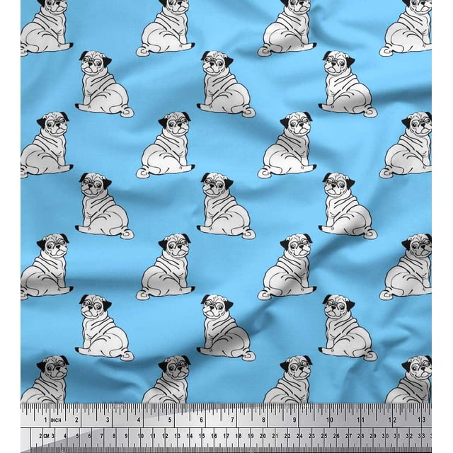 Soimoi Moss Georgette Fabric Pug Dog Printed Fabric 1 Yard 42 Inch Wide