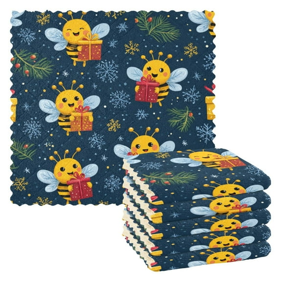 6 Pieces of Kitchen Towels 11x11Inch Kitchen Dish Cloths Kitchen Dish Towels Reuseable Cleaning Cloths Christmas Bees