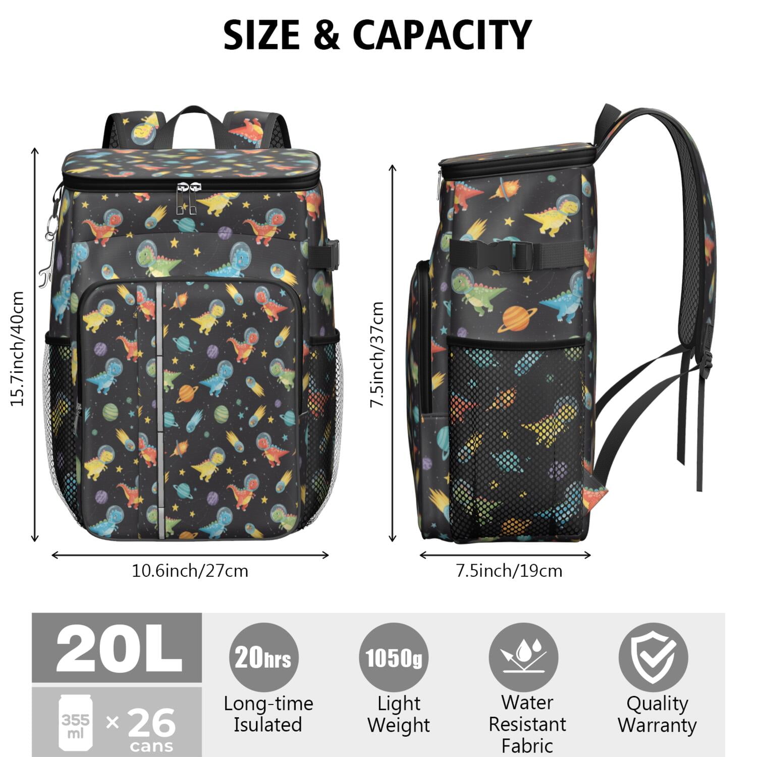 Travel Cooler Bag - Space Dinosaur Pattern Camping Beer Cooler Backpack with Bottle Opener- Waterproof Insulated Picnic Backpacks - Cooler Bag for Beach