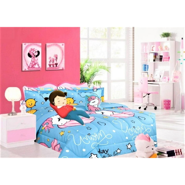Bed in Bag bedding comforter set of 6 piece in twin size unicorn 4 sky blue print design supersoft for girls boys room d cor