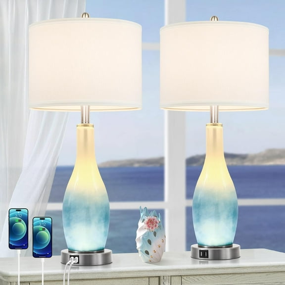 26in Tall Glass Table Lamps Set of 2 with 2 USB Charging Ports & LED Nightlight, Large Coastal Table Lamps for Living Room End Table, Modern Beach Lamps for Bedroom Bedside Nightstand, Blue