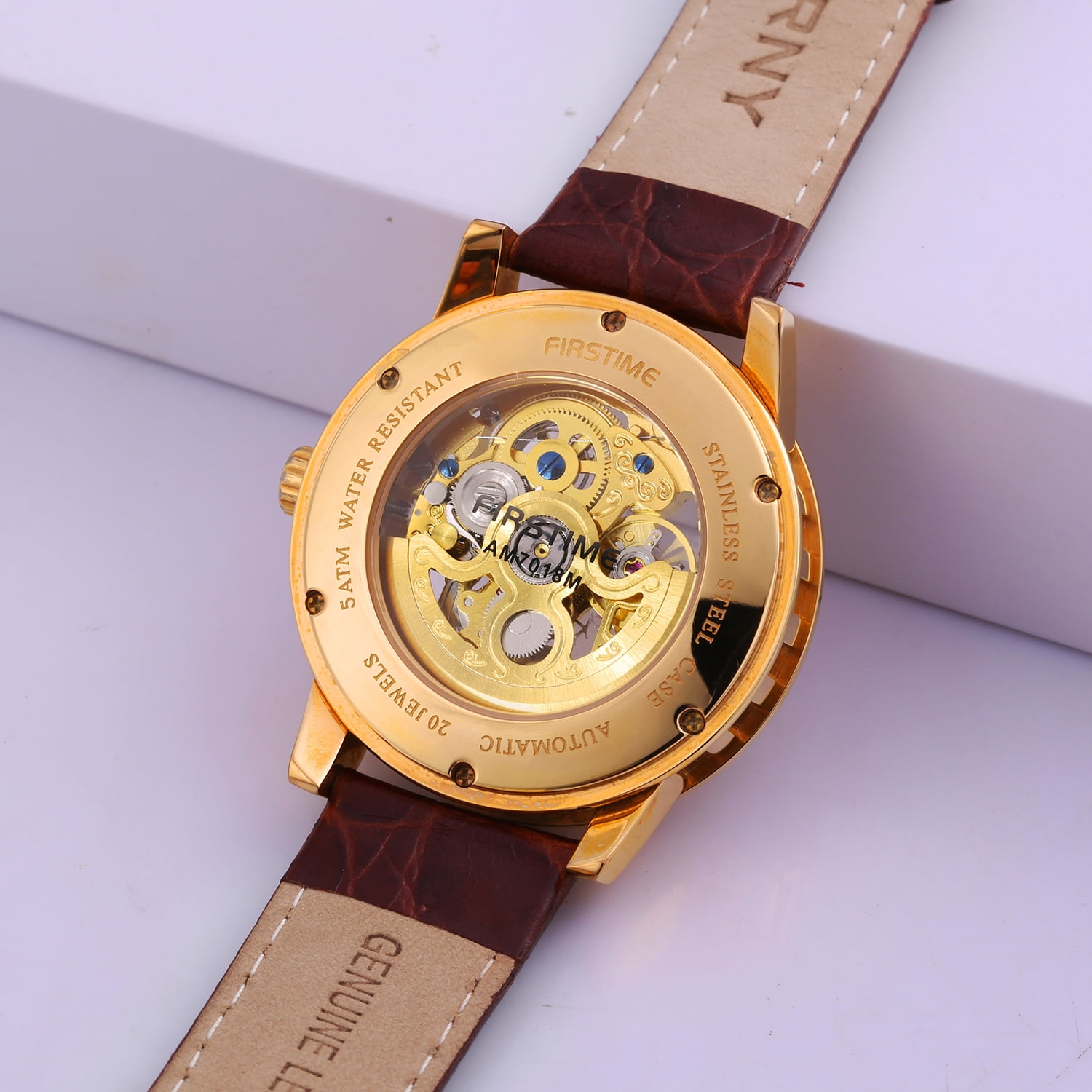 BERNY Automatic Watches for Men, Luxury Skeleton Mechanical Watch Self Winding Carved, Exhibition Caseback, Luminous, 5ATM Waterproof, Stainless Steel, Vintage Men's Leather Watch (Gold)