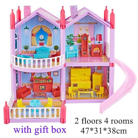 Princess big villa diy dollhouses casa muñecas pink castle play house with slide yard kit assembled doll house toys
