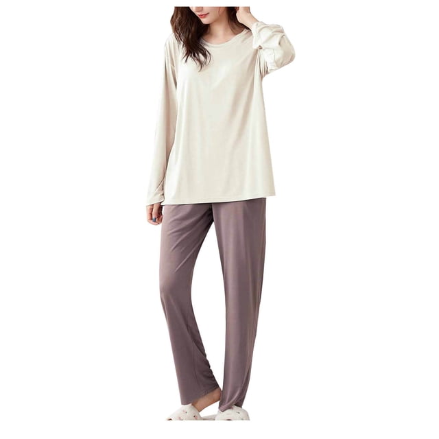 Besolor Pyjamas pour Femmes Automne Printemps 2 Pcs Tenues Décontractées Col Ras du Cou Manches Longues Hauts et Pantalons Ensembles de Détente Vêtements de Nuit Pjs