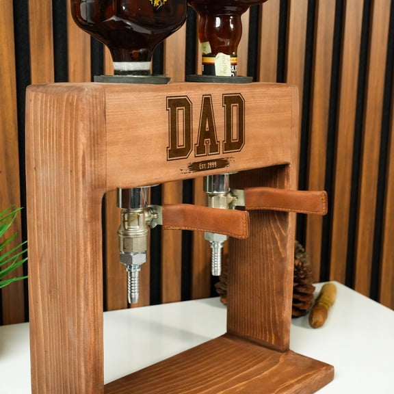 Personalized Whiskey Dispenser Stand – Oak or Walnut, Double Tap with Leather Handle Valves