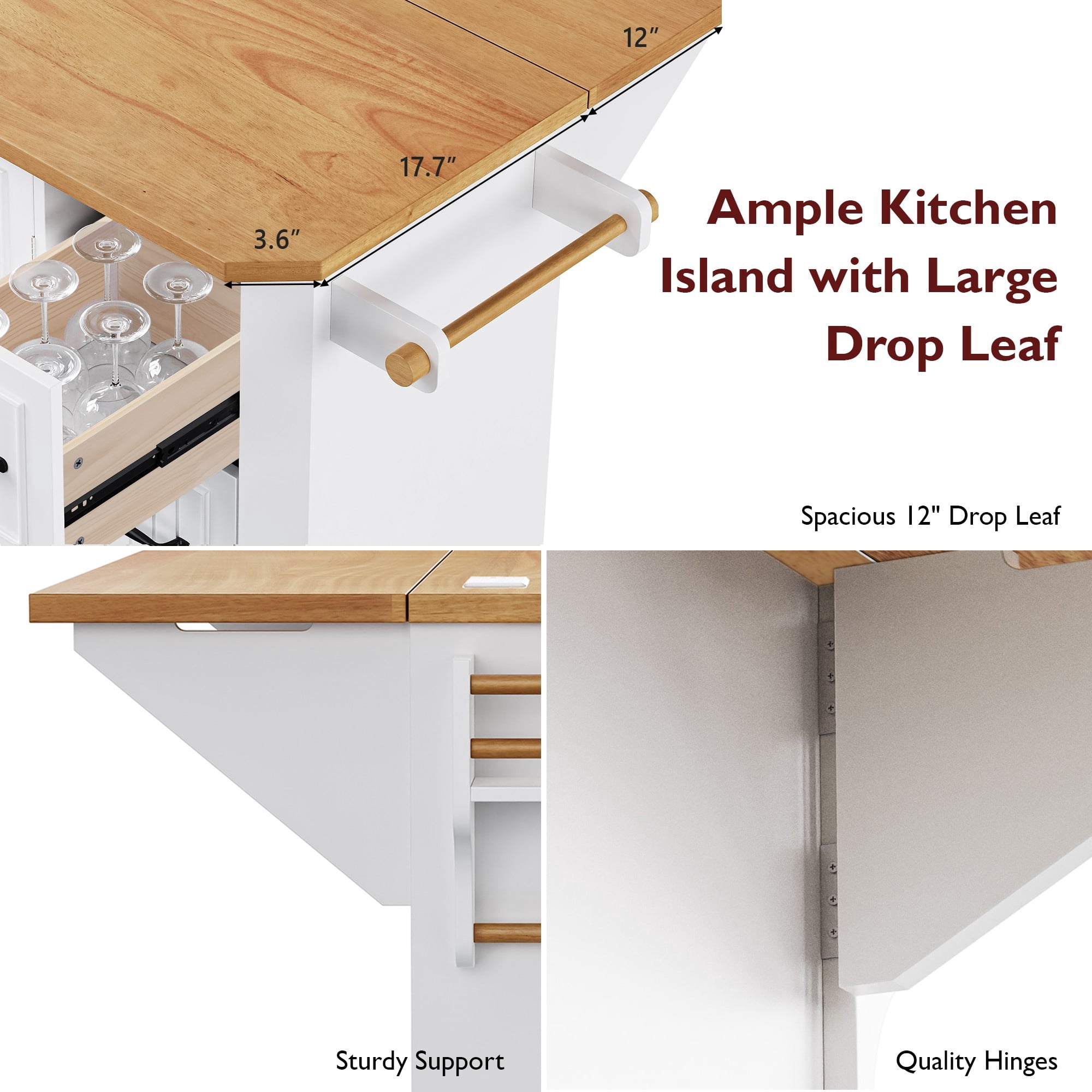 DTTRA 56" Kitchen Island with Drop Leaf & Power Outlet, Rolling Kitchen Cart on Wheels with 6 Drawers, 4-Door Shelves & Rubber Wood Top, Mobile Storage Cabinet for Kitchen & Dining Room, White