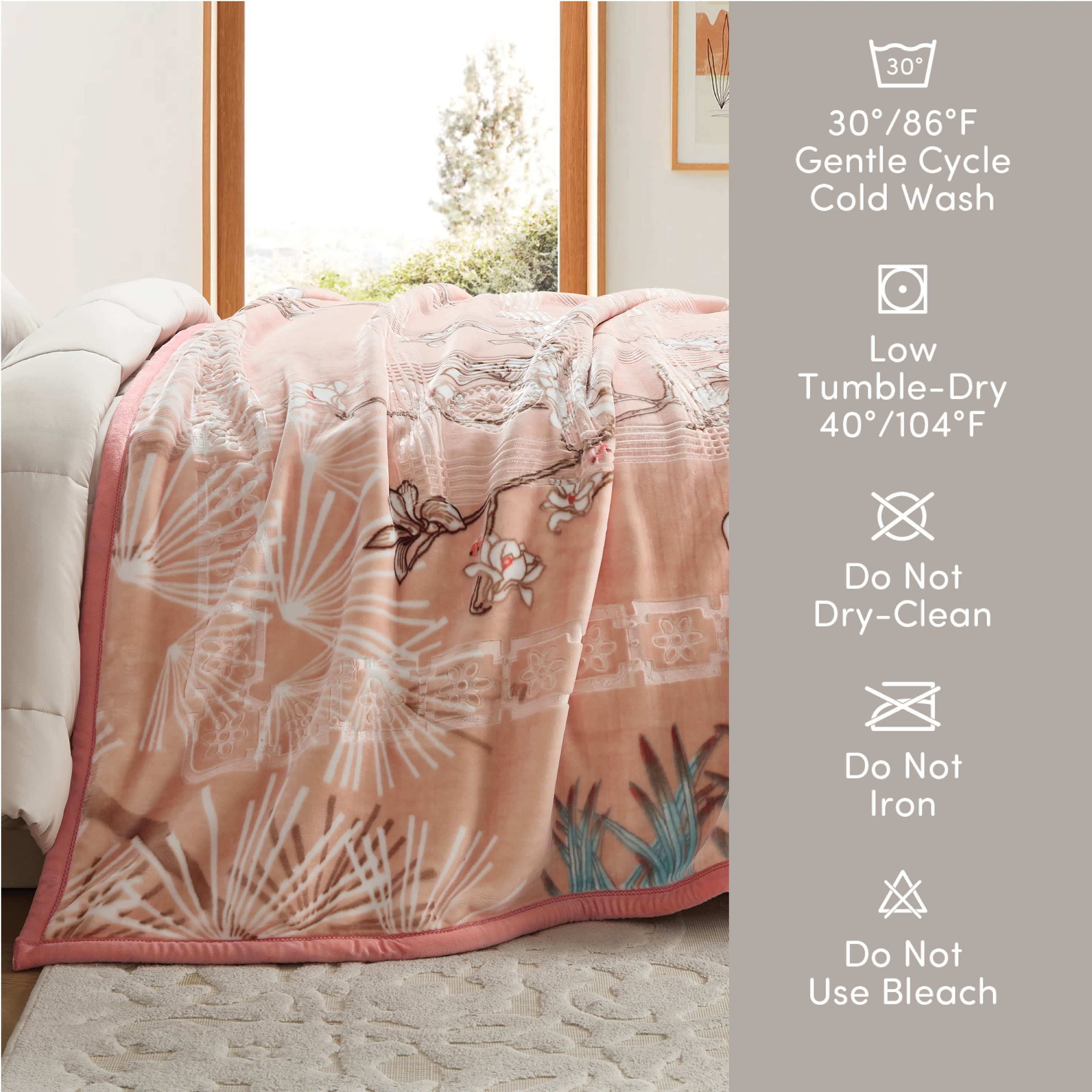 Lammaloe Queen Size Korean Mink Fleece Blanket for Winter, 9 lbs, 79" x 94", Heavy 2-Ply Warm Heavyweight Raschel Bed Blankets, Reversible Printed, Peach
