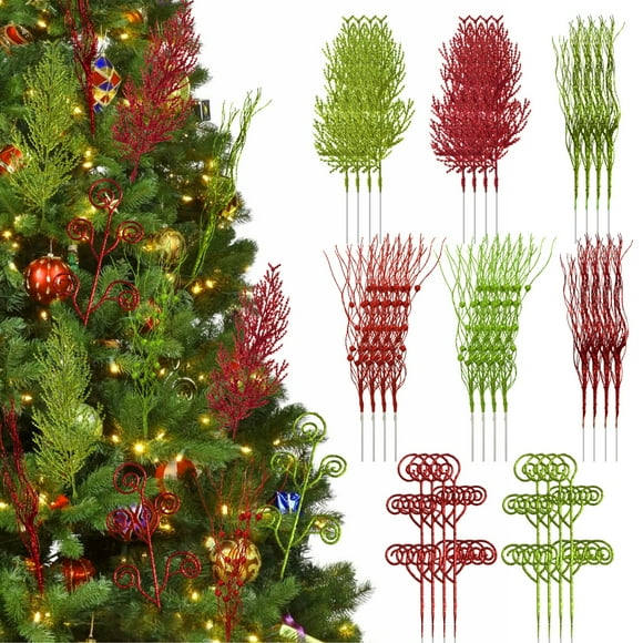 32 PCS Glitter Christmas Tree Picks, Artificial Pine Needles Stems with Red Green Berry Branches, Glittering Holiday Floral Picks with Curly Twigs for Christmas Tree Wreath DIY Crafts Decor