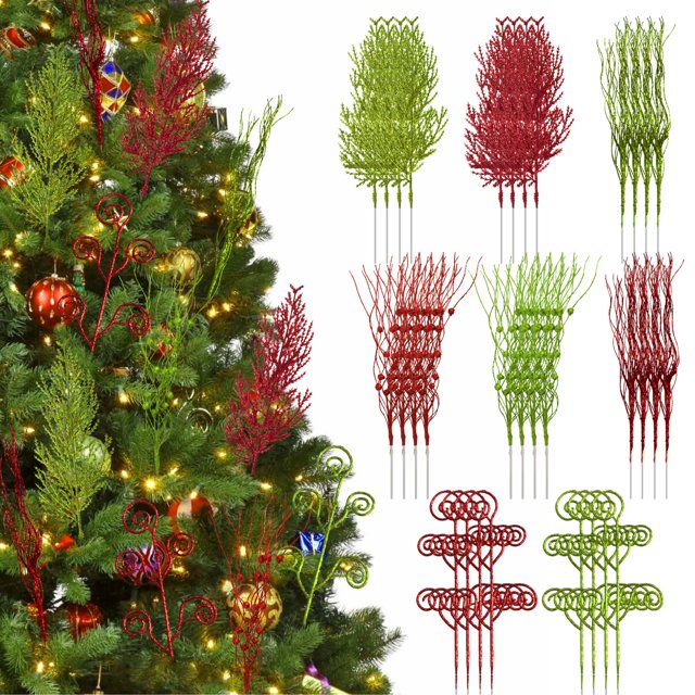 32 púas para árbol de Navidad con purpurina, tallos de agujas de pino artificiales con ramas de bayas rojas y verdes, púas florales navideñas brillantes con ramitas rizadas para manualidades de decora