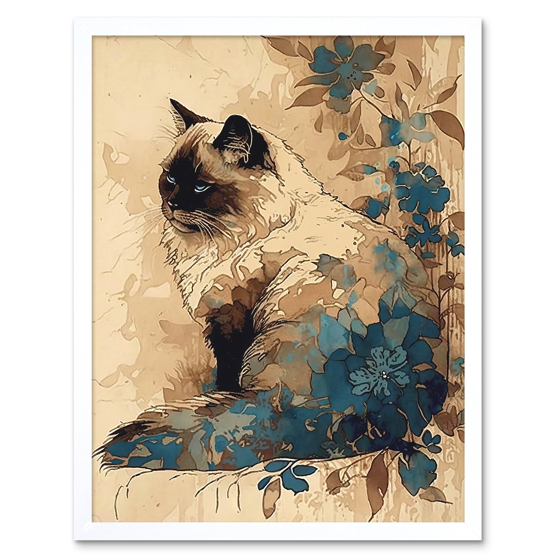 Ragdoll Cat with Floral Patterns Watercolour Illustration Art Print