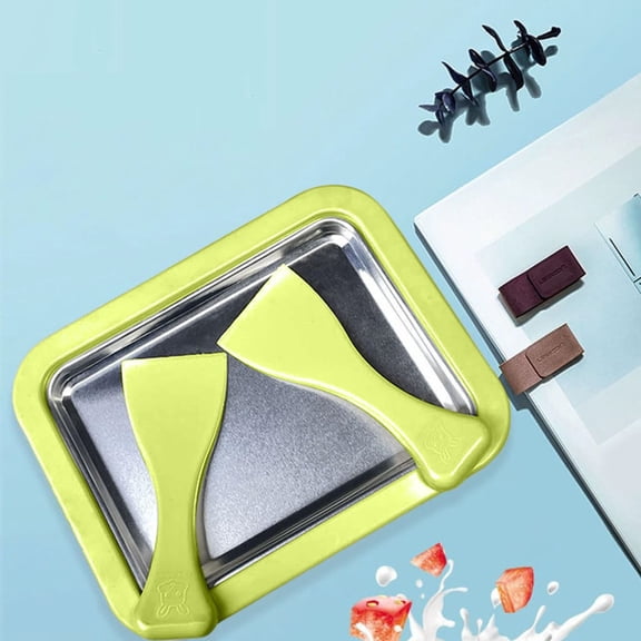Green Instant Rolled Ice Cream Maker Pan 8.9x6.9 Inch, DIY Fried Yogurt Fruit Sorbet Machine with 2 Spatulas, Portable Aluminum Frozen Treat Tray for Family Fun & Kids Kitchen Activity
